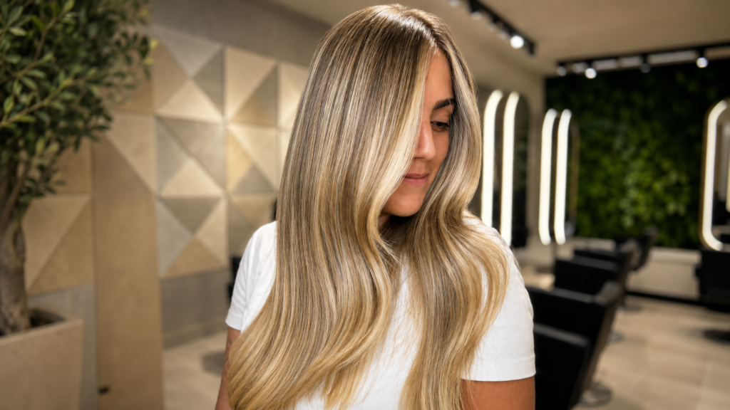 Modelo mechas rubias, melting, babylights